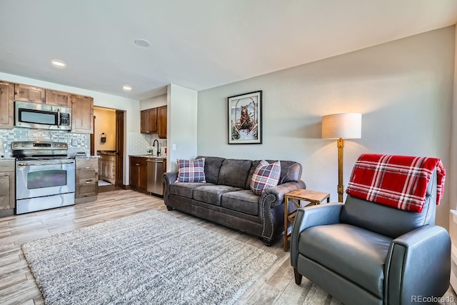 living room featuring sink and light wood-type flooring