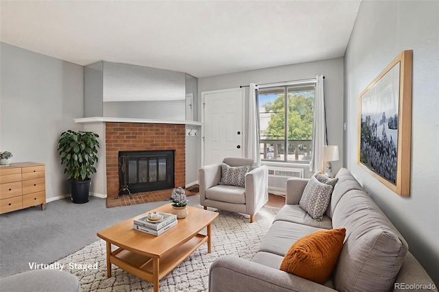 1118 City Park Ave Unit 226, Fort Collins, CO 80521 - carpeted living area with a fireplace, a wall unit AC, and baseboards