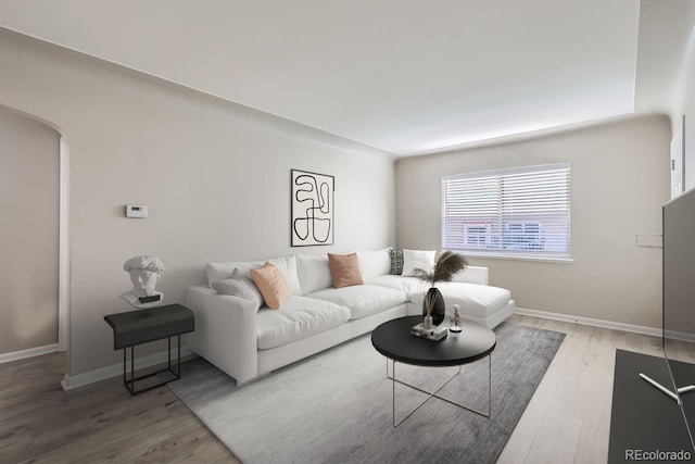 living room with arched walkways, baseboards, and wood finished floors