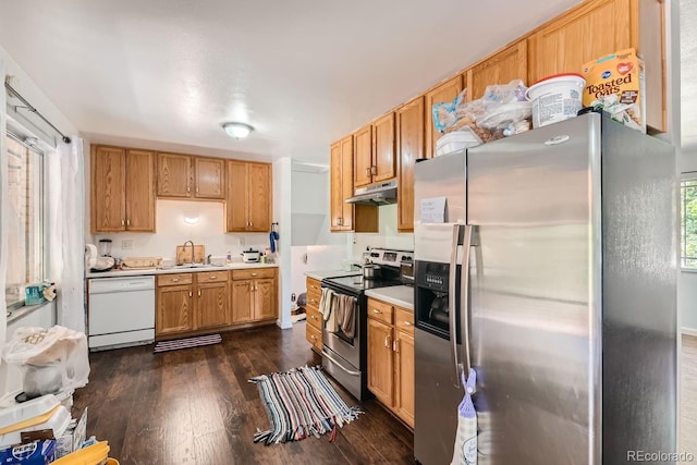 kitchen with appliances with stainless steel finishes, sink, and dark wood-type flooring