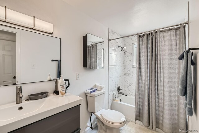 full bathroom with vanity, toilet, shower / bathtub combination with curtain, and tile patterned floors