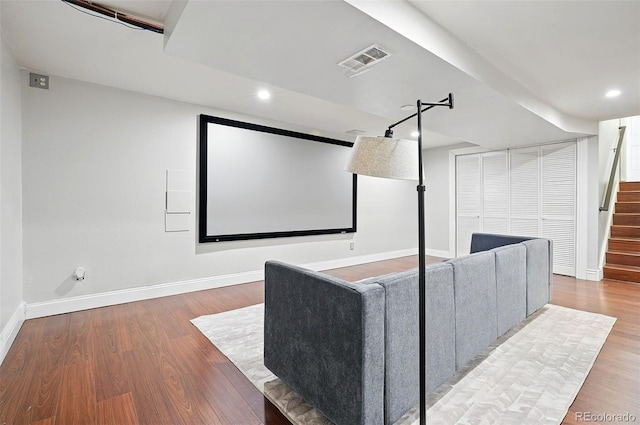 15034 E Floyd Ave, Aurora, CO 80014 - cinema room with baseboards, wood finished floors, and recessed lighting