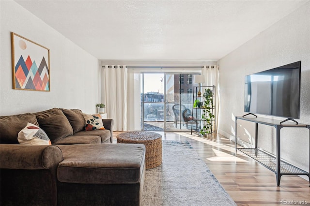 living area with baseboards, a textured ceiling, a textured wall, and wood finished floors