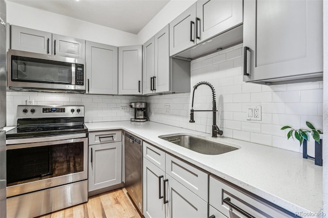 kitchen featuring backsplash, light wood-type flooring, a sink, gray cabinetry, and stainless steel appliances
