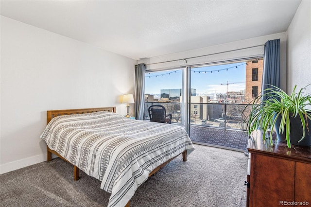 bedroom featuring carpet floors, baseboards, a view of city, and access to exterior