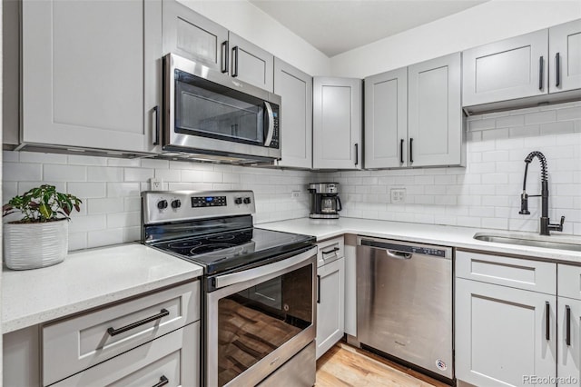 888 N Logan St Unit 5A, Denver, CO 80203 - kitchen featuring appliances with stainless steel finishes, a sink, gray cabinetry, and decorative backsplash