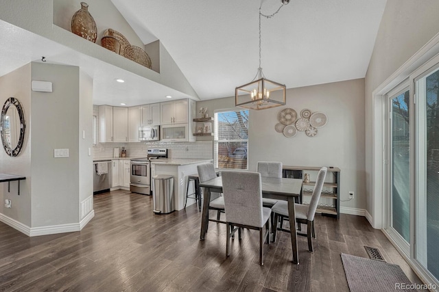 dining area with dark wood-style flooring, visible vents, baseboards, vaulted ceiling, and an inviting chandelier