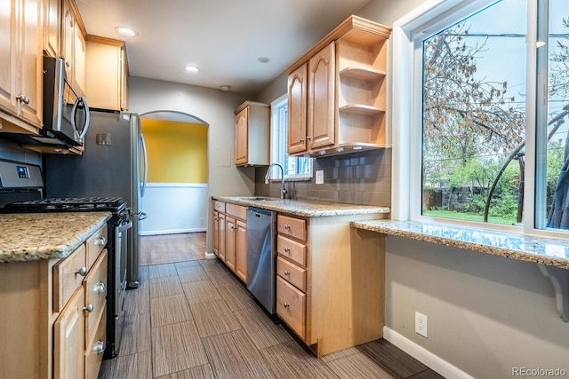 kitchen with stainless steel appliances, a sink, baseboards, backsplash, and open shelves