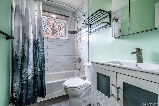 full bathroom with toilet, shower / tub combo, vanity, and tile patterned flooring