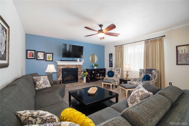25536 E 1st Ave, Aurora, CO 80018 - living area featuring ceiling fan and a brick fireplace