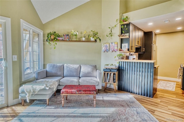 living room with vaulted ceiling and wood-type flooring