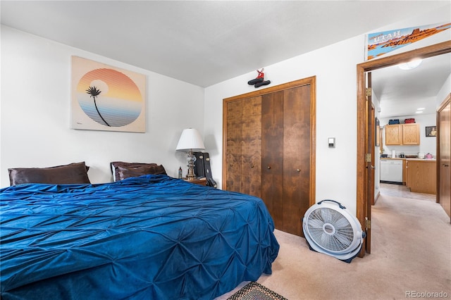 bedroom featuring a closet and light carpet