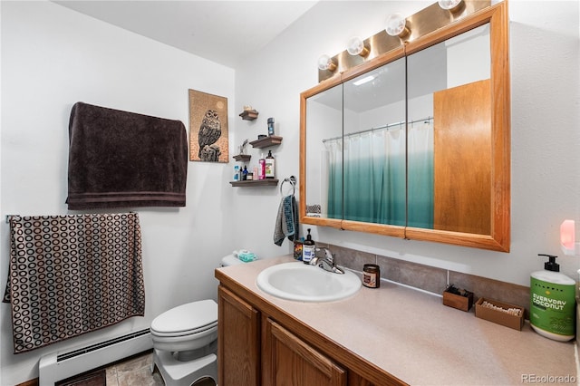 bathroom with toilet, walk in shower, tile patterned flooring, vanity, and baseboard heating