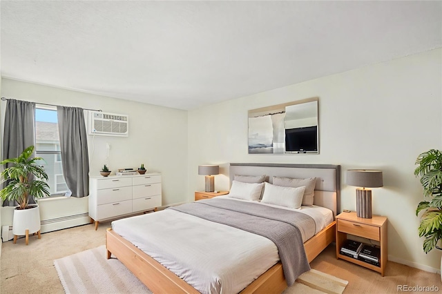 10150 E Virginia Ave Unit 7-302, Denver, CO 80247 - bedroom featuring light colored carpet, a baseboard heating unit, a wall mounted air conditioner, and baseboards