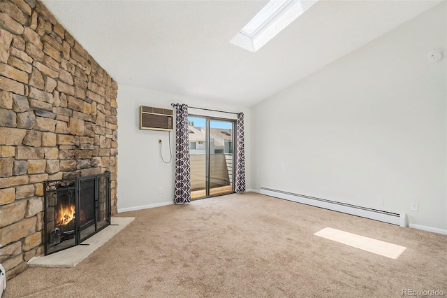 10150 E Virginia Ave Unit 7-302, Denver, CO 80247 - unfurnished living room with a baseboard radiator, a wall mounted air conditioner, lofted ceiling, carpet floors, and a skylight