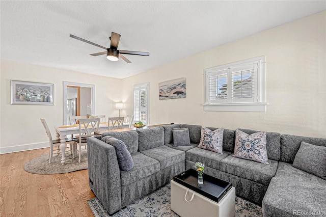 living room featuring ceiling fan and hardwood / wood-style flooring