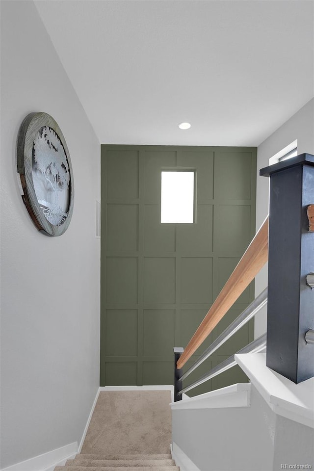 18085 E 107th Pl, Commerce City, CO 80022 - stairs featuring baseboards, carpet floors, a decorative wall, and recessed lighting