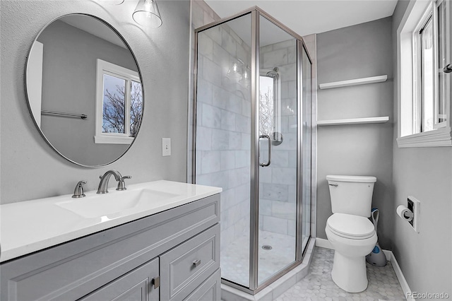 bathroom with vanity, an enclosed shower, and toilet