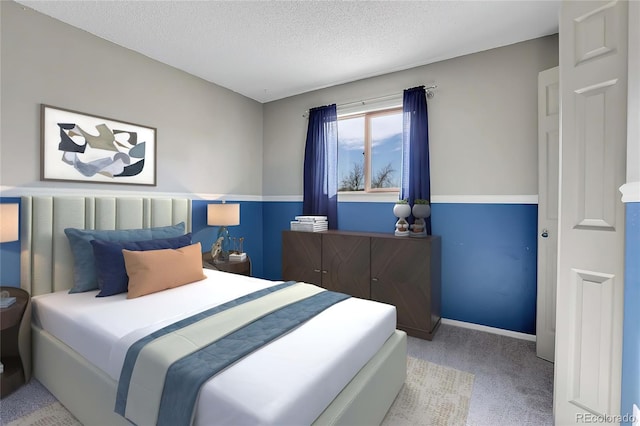 carpeted bedroom with a textured ceiling