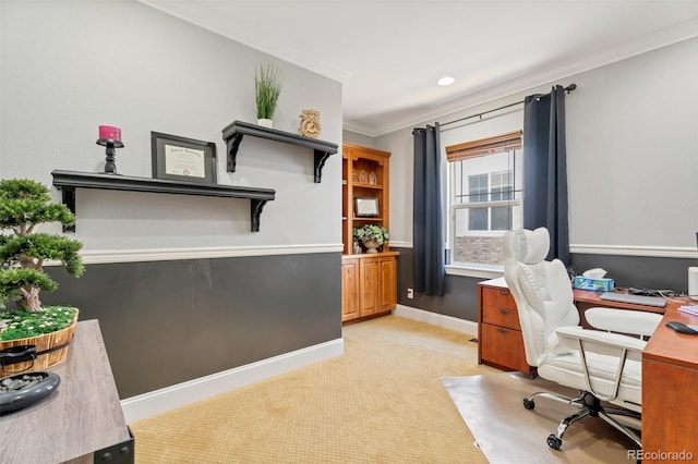 carpeted home office with crown molding