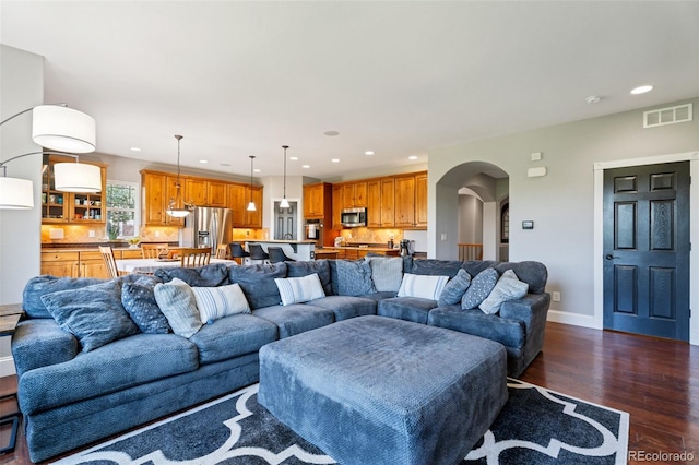 living room with dark hardwood / wood-style flooring