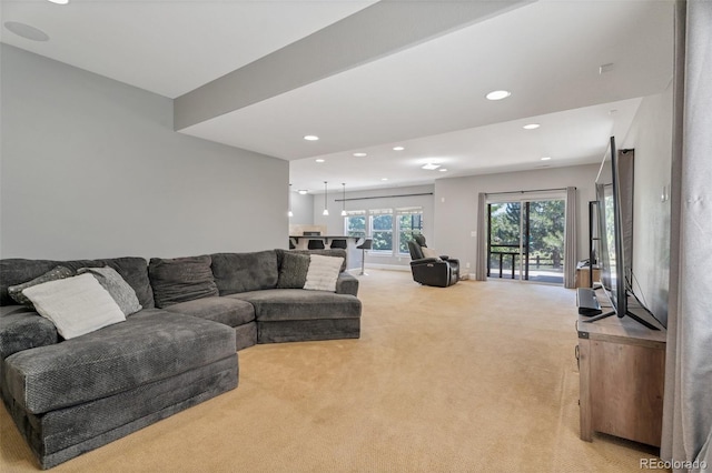 living room with light colored carpet