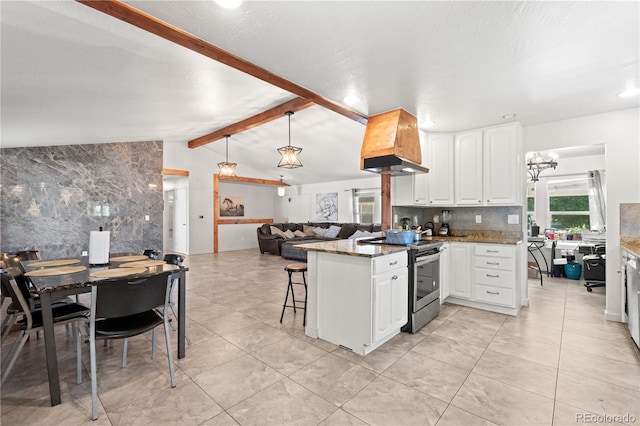 16673 E Kent Dr, Aurora, CO 80013 - kitchen featuring electric range, custom range hood, open floor plan, stone counters, and a peninsula