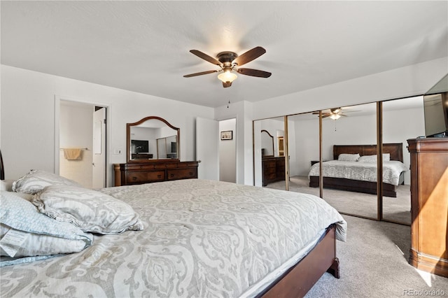 16673 E Kent Dr, Aurora, CO 80013 - bedroom featuring light colored carpet, a ceiling fan, and ensuite bathroom