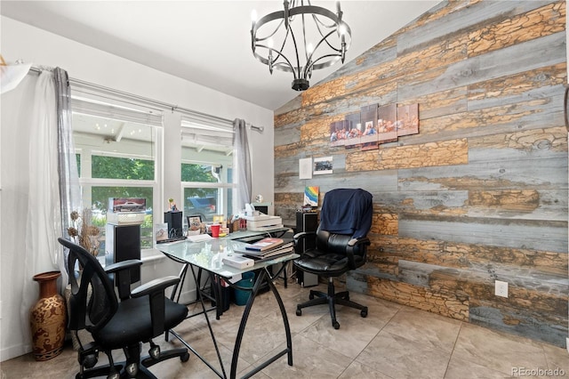 16673 E Kent Dr, Aurora, CO 80013 - office featuring a chandelier, wooden walls, and high vaulted ceiling