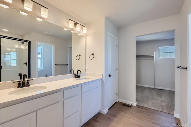 bathroom featuring wood-type flooring, vanity, and an enclosed shower