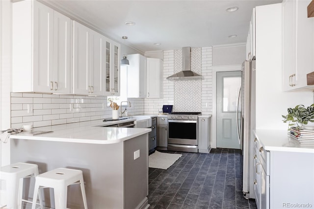2096 S Logan St, Denver, CO 80210 - kitchen with wall chimney exhaust hood, stainless steel appliances, a peninsula, tasteful backsplash, and white cabinets