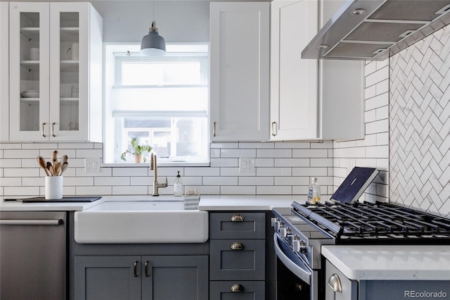 2096 S Logan St, Denver, CO 80210 - kitchen with range hood, stainless steel appliances, and decorative backsplash