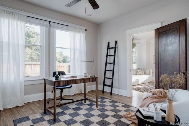 2096 S Logan St, Denver, CO 80210 - home office with healthy amount of natural light, a ceiling fan, wood finished floors, and crown molding