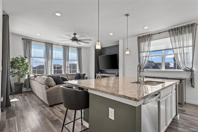 kitchen featuring a sink, open floor plan, light stone counters, wood finished floors, and stainless steel dishwasher