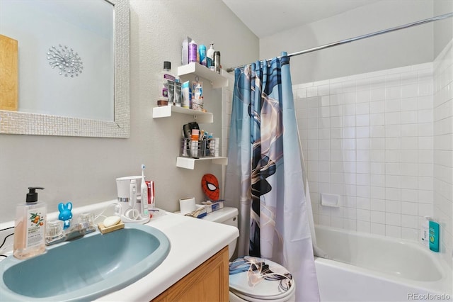 full bathroom featuring shower / bath combo, toilet, and vanity