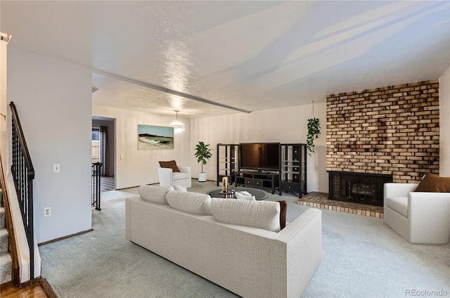 carpeted living room featuring a brick fireplace