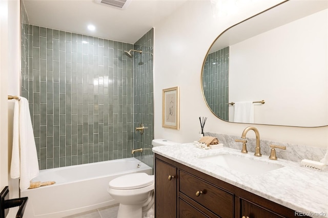 full bathroom with tile patterned flooring, toilet, visible vents, vanity, and  shower combination