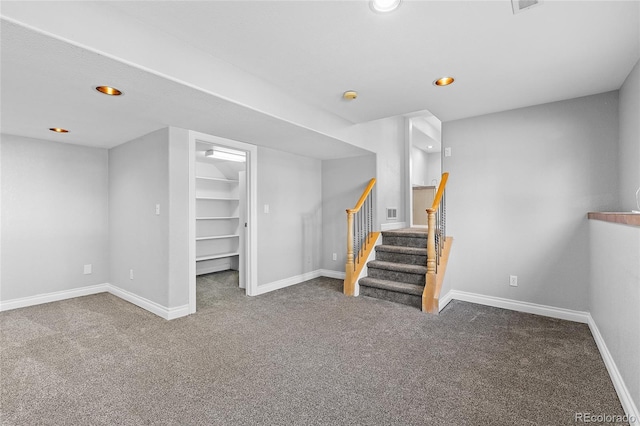 interior space featuring recessed lighting, carpet flooring, stairway, and baseboards