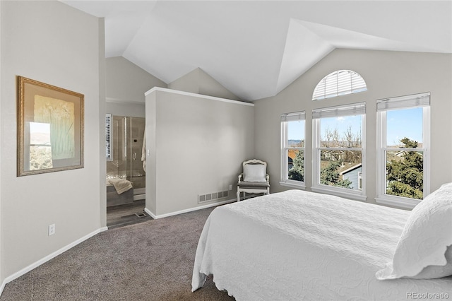 bedroom featuring carpet floors, lofted ceiling, visible vents, and baseboards