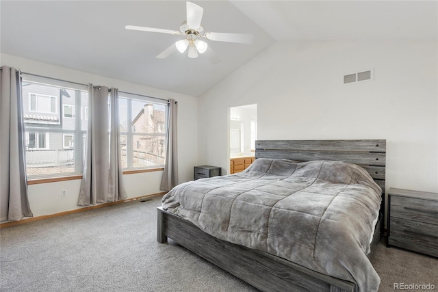 5149 S Genoa Ct, Centennial, CO 80015 - carpeted bedroom featuring a ceiling fan, connected bathroom, baseboards, and high vaulted ceiling