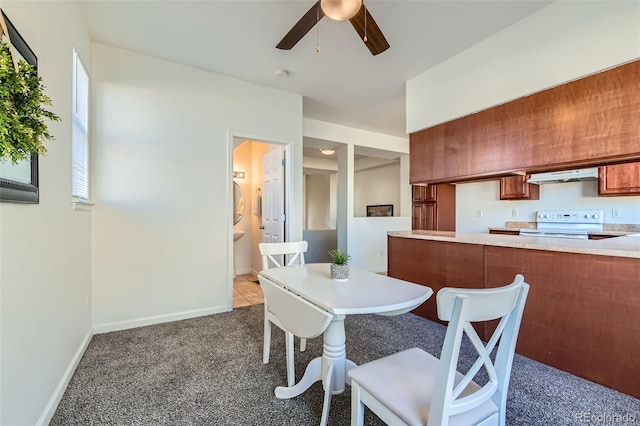 carpeted dining space with ceiling fan and a healthy amount of sunlight