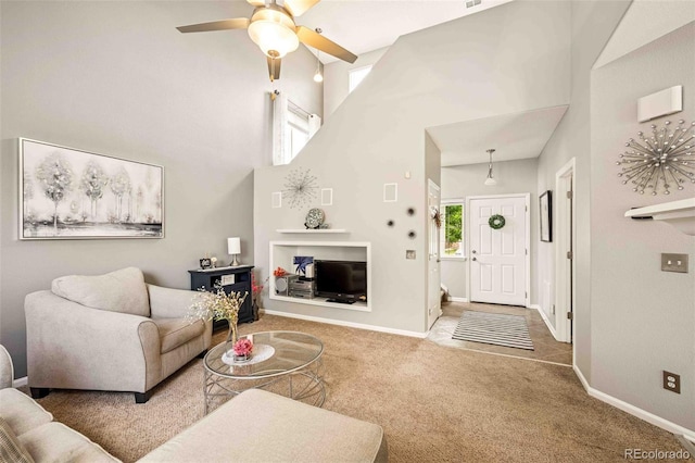 2476 S Gibralter Way, Aurora, CO 80013 - carpeted living area featuring a high ceiling and a ceiling fan