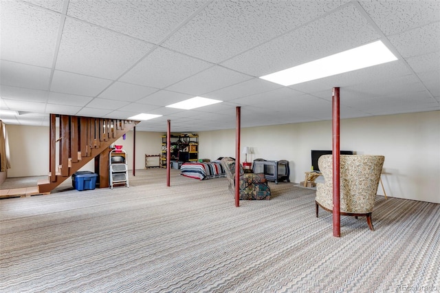6310 W County Road 4, Berthoud, CO 80513 - finished basement with carpet floors, a drop ceiling, and stairway