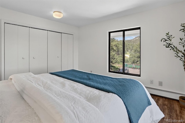 31270 John Wallace Rd Unit 302, Evergreen, CO 80439 - bedroom featuring baseboard heating, dark wood finished floors, and a closet