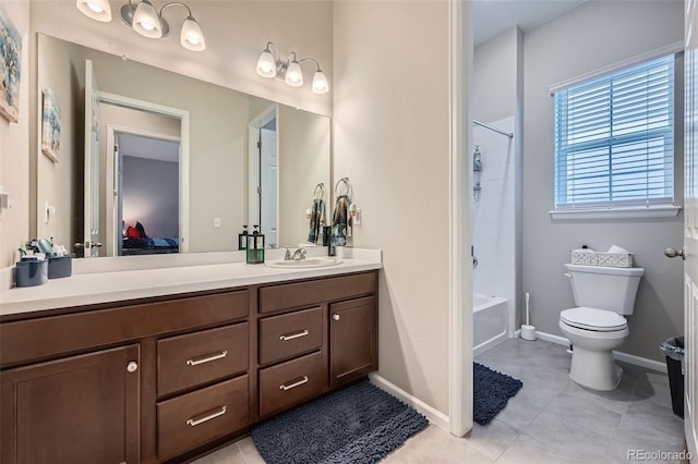 full bathroom with vanity, baseboards, ensuite bath, shower / tub combination, and toilet