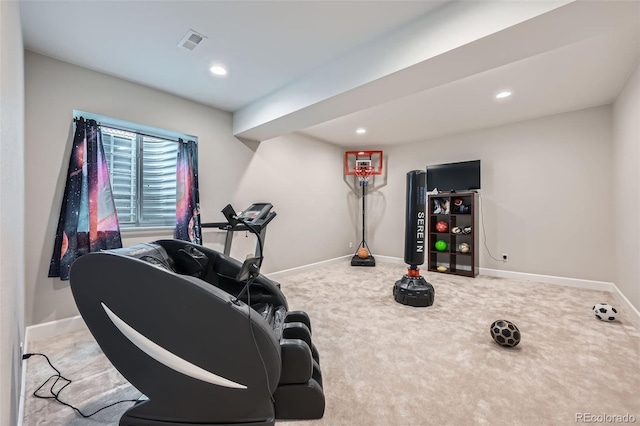 exercise area with recessed lighting, baseboards, visible vents, and carpet floors