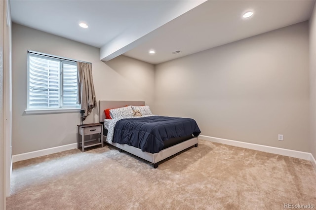 bedroom with recessed lighting, visible vents, baseboards, and carpet flooring