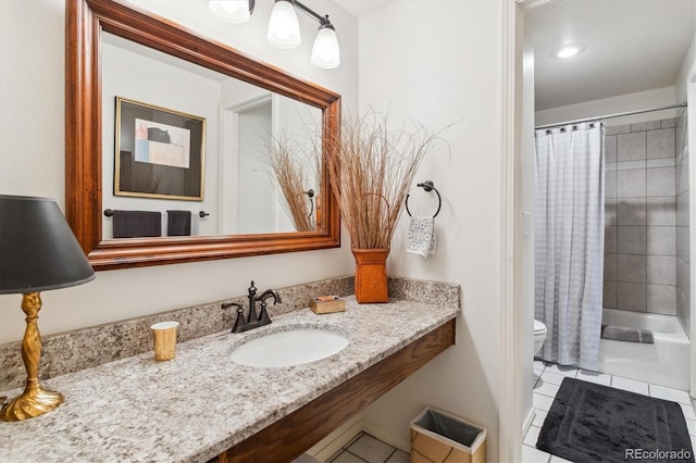 2437 E Geddes Pl, Centennial, CO 80122 - full bathroom with tile patterned flooring, toilet, shower / bath combo with shower curtain, and vanity