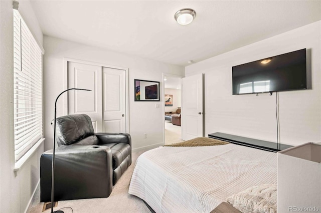 bedroom featuring carpet floors, a closet, and baseboards