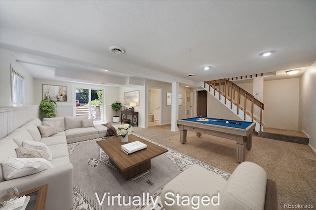 10832 W Powers Pl, Littleton, CO 80127 - living room featuring stairs, pool table, and carpet flooring